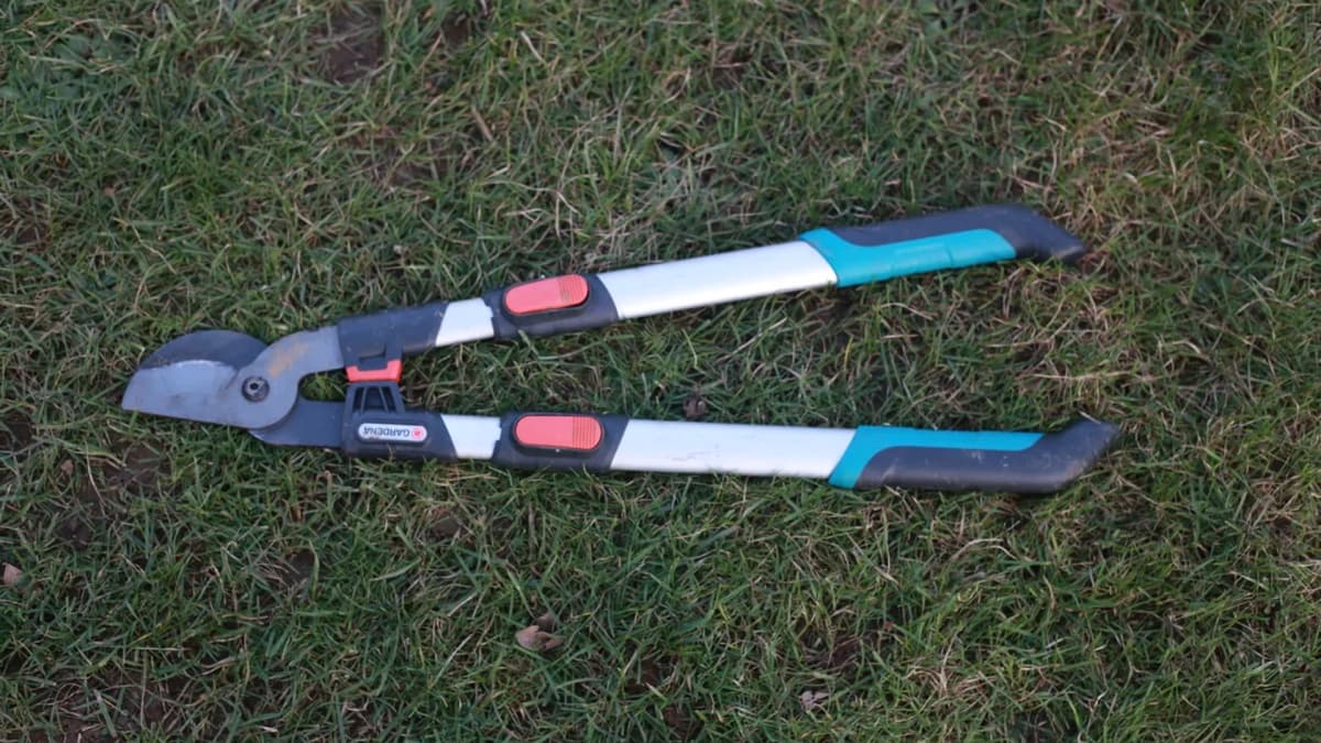 Coupe-branches Gardena TeleCut Pro L posé ouvert sur pelouse, vue de dessus